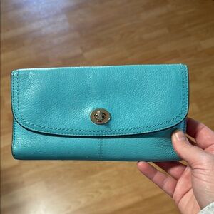 Coach Teal Leather Wallet with Silver Clasp